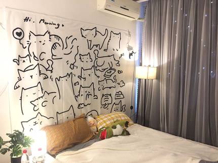 Hi morning！猫咪背景布 少女宿舍床头布ins卧室装饰魔术贴挂布