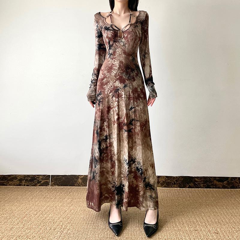 gagaopt辣妹扎染长袖包臀裙