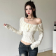修身 gagaopt2025春季 上衣短款 气质荷叶边一字肩长袖 磨破T恤女 新款