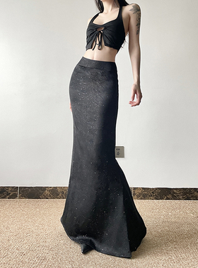 gagaopt赫本风重工设计压褶亮片黑色半身裙高腰显瘦包臀鱼尾裙ins