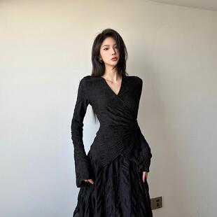 gagaopt纯色不规则设计感长袖V领T恤女春季新款绑带收腰修身上衣