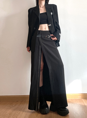 gagaopt2025秋冬新款设计感双拉链开叉A字半身裙高腰显瘦直筒长裙