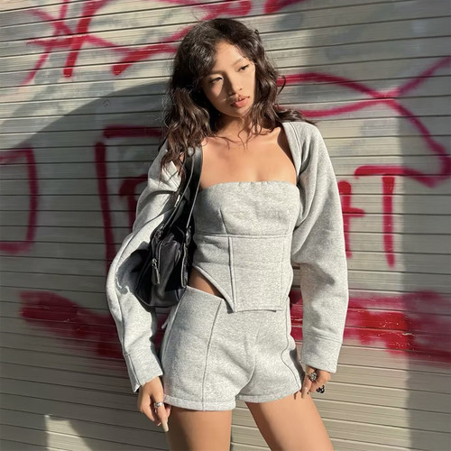 一字领抹胸背心超短款长袖罩衫