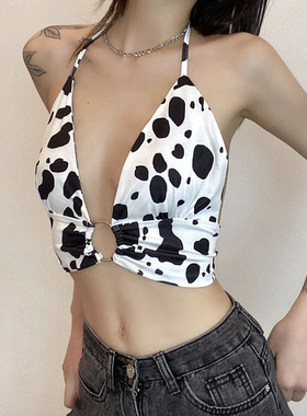 gagaopt 甜辣性感奶牛深V绑带挂脖短款背心女ins修身显瘦露肩上衣