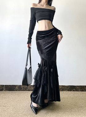 gagaopt蕾丝花边立体花朵拼接绒面半身裙高腰包臀显瘦鱼尾长裙冬