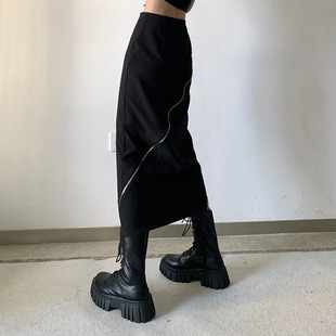 gagaopt潮酷穿搭别致拉链设计开叉半身裙女夏季 超A显瘦高腰中长裙