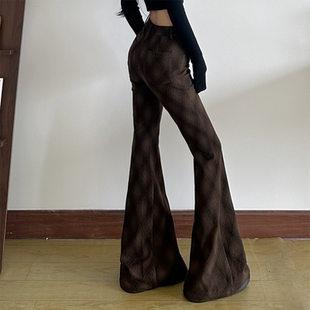 gagaopt韩版格子微喇裤高腰显瘦提臀长裤高个子百搭拖地休闲裤女