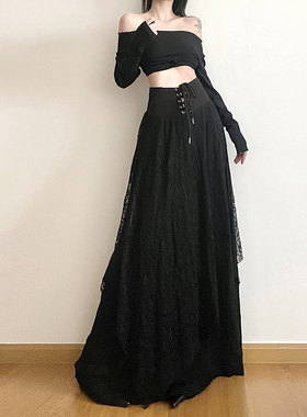 gagaopt2025春季新款赫本风黑色半身裙高腰显瘦绑带蕾丝A字长裙潮