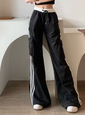 gagaopt春新款黑色高腰条纹休闲裤宽松显瘦阔腿裤抽绳束脚工装裤