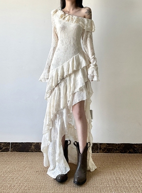 gagaopt法式浪漫斜肩长袖连衣裙女春季新款不规则修身显瘦中长裙
