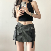 gagaopt设计感小众不规则飘带工装 半身裙辣妹包臀皮裙高腰A字短裙