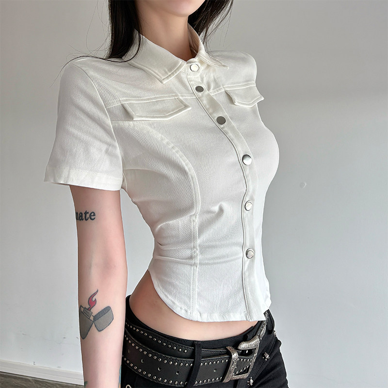 gagaopt小众白色正肩短袖T恤女小个子紧身辣妹POLO领短款衬衫夏季,女装/女士精品,衬衫,淘宝优惠券,粉丝福利购,淘宝优惠卷