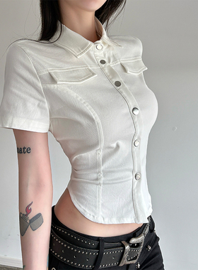 gagaopt小众白色正肩短袖T恤女小个子紧身辣妹POLO领短款衬衫夏季