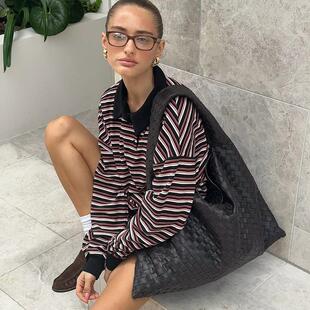 gagaopt复古拼接条纹学院风POLO领百搭休闲上衣随性长袖 宽松T恤女