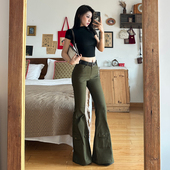 女新款 美式 辣妹修身 gagaopt绿色高腰微喇休闲裤 显瘦加长拖地裤 子