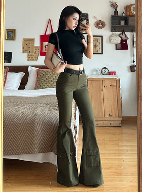 gagaopt绿色高腰微喇休闲裤女新款美式辣妹修身显瘦加长拖地裤子