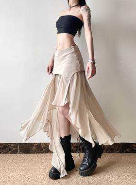 gagaopt设计感网纱拼接不规则半身裙夏季高腰显瘦包臀防走光裙裤