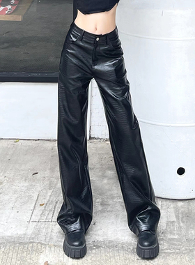 gagaopt自制新款美式高个子黑色蛇纹皮裤女宽松显瘦高腰直筒裤冬