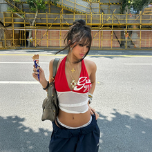 gagaopt纯欲风辣妹性感深V领挂脖吊带背心设计感撞色拼接短款上衣