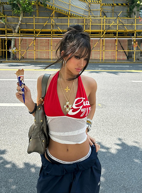 gagaopt纯欲风辣妹性感深V领挂脖吊带背心设计感撞色拼接短款上衣