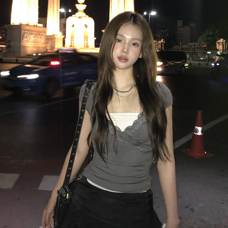 gagaopt韩系蕾丝花边拼接T恤女