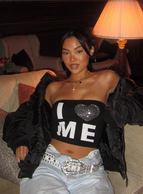 gagaopt甜辣风字母印花烫钻抹胸背心女夏季显瘦休闲街拍短上衣ins