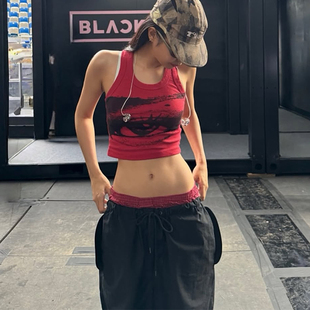 gagaopt复古泼墨印花U领工字型背心女夏季短款露脐无袖外穿上衣潮