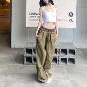 女宽松显瘦阔腿休闲裤 裤 复古拼接假两件松紧低腰工装 gagaopt美式