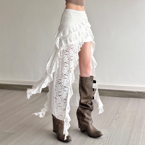 gagaopt法式优雅蕾丝飘带不规则半身裙女高腰显瘦包臀气质短裙夏 - 封面