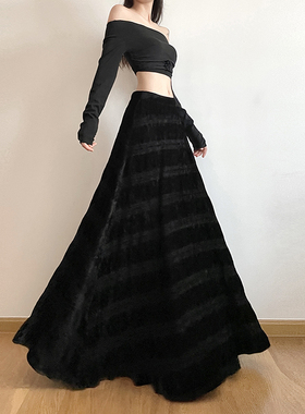 gagaopt2025新款黑色丝绒松紧高腰半身裙冬季百搭压褶显瘦A字长裙