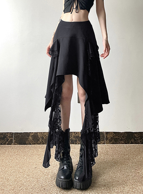 gagaopt2025夏季不规则蕾丝拼接飘带半身裙高腰显瘦垂感黑色A字裙