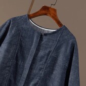 D早秋 高级复古牛仔蓝 法国设计师亚麻棉宽松外套女春天家4Q45