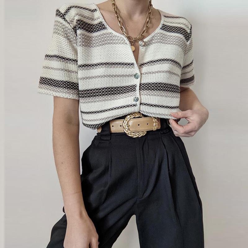 Whitehead美式复古米白色条纹短袖T恤潮ins女夏薄款针织衫婋贰