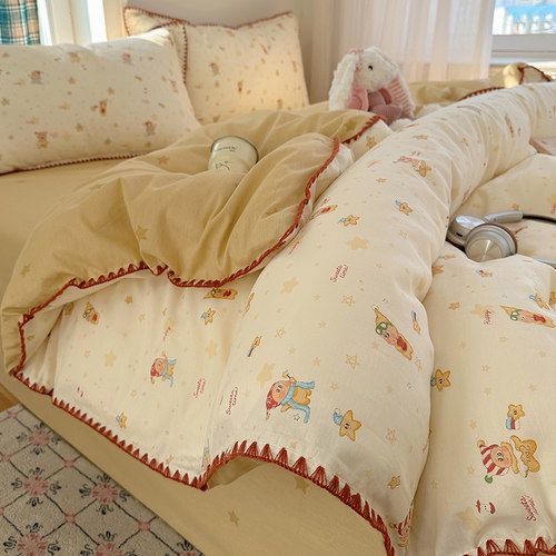 纯棉四件套100%全棉2026新款母婴级贝壳边双层纱床上三件套四季用