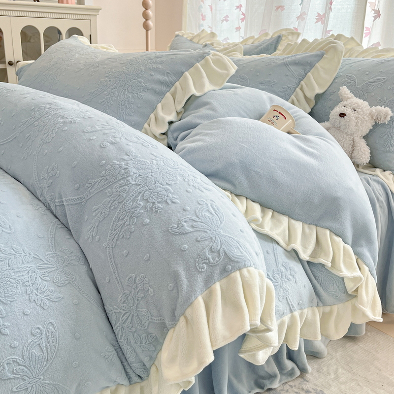 牛奶绒床上四件套床品双面绒冬季公主风花边款被套加绒珊瑚绒床单