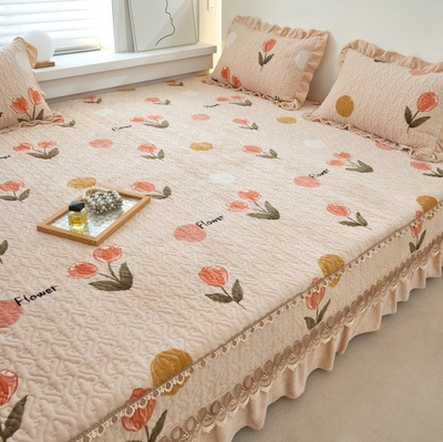 冬季牛奶珊瑚绒床盖四件套榻榻米专用夹棉加厚炕盖加绒防滑款床单