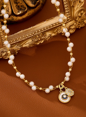 满天星珍珠项链白贝母圆盘八芒星吊坠时尚气质高级感锁骨链饰品女