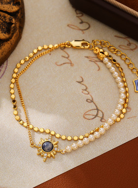 真金电镀八芒星双层叠戴珍珠手链海神项链耳钉耳环轻奢高级感饰品