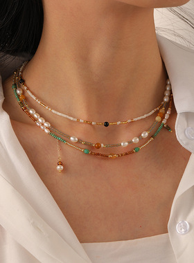 叠戴小米珠彩色串珠项链百搭时尚淡水珍珠满天星颈链饰品锁骨链女