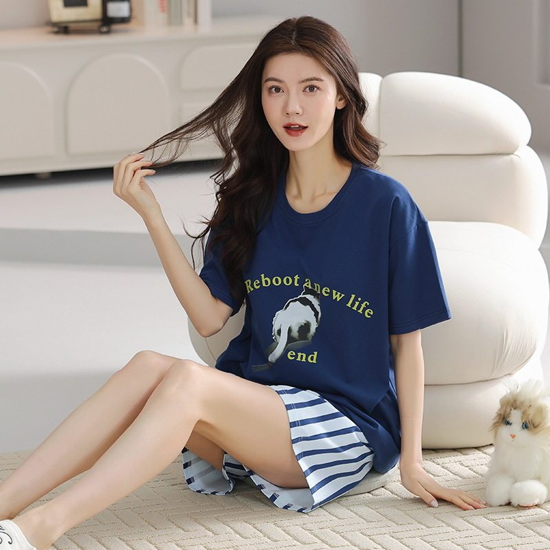 越南跨境棉质睡衣女士套装薄款圆