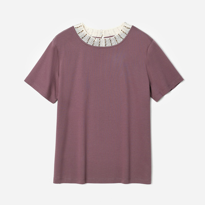 *WTX08049 茉莉雅集 香*风复古千金名媛领口钉钻匹马棉全棉T恤女