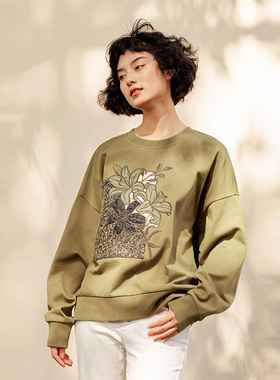 *WWY06038 茉莉雅集美好如约而至全棉百合贴布绣拼接花呢圆领卫衣