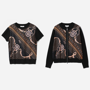 *WZT08145 金质马刺老钱印花全真丝拼接日本真丝棉针织开衫套衫