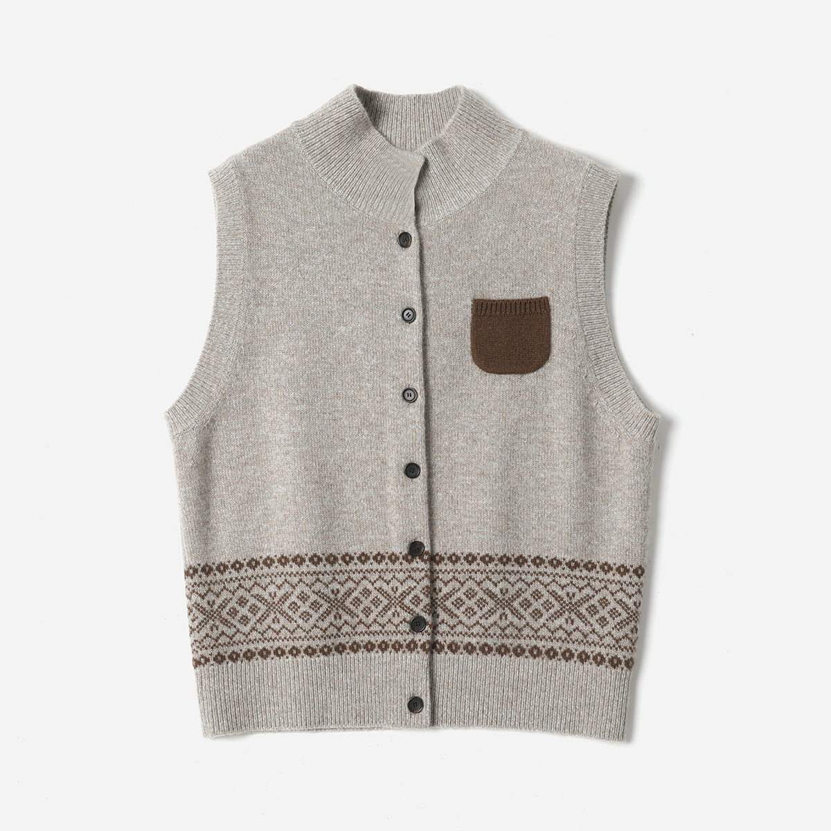 WZK08208 茉莉雅集 复古费尔岛提花KVSS全羊绒半高领针织开衫背心