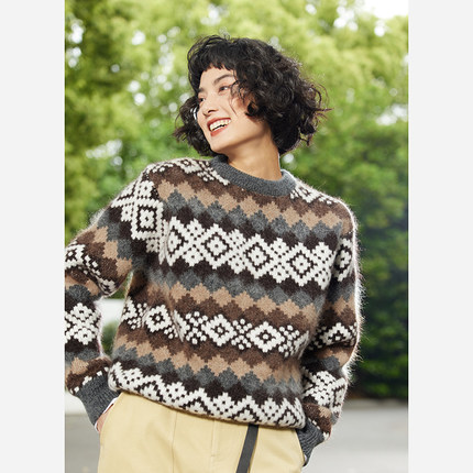 *WZT05108 茉莉雅集 北欧风情羊毛幼马海毛提花针织套衫日本纱女