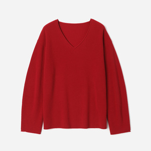 WZT09040 茉莉雅集 I*C温暖舒适全羊毛V领落肩长袖针织套衫毛衣女