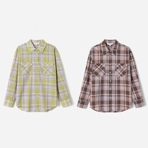 *WCS09039 茉莉雅集 复古彩色格纹翻领贴袋全棉舒适长袖衬衫