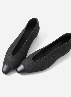 *ED08052 茉莉雅集 L*P尖头平底牛仔布/羊绒布拼牛皮芭蕾舞鞋单鞋