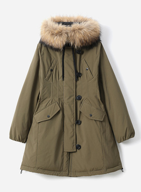 *WYR07075 M0NCL*R可追溯95白鹅绒连帽貉子毛领收腰派克羽绒服女