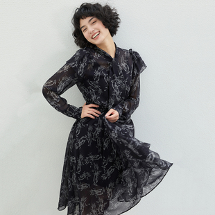 WLQ04203 茉莉雅集 大M全真丝飘带领衬衫连衣裙波点鸟雀印花